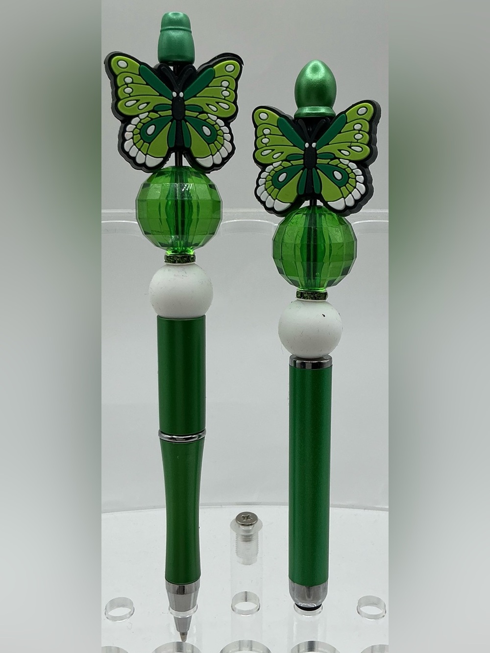 BEADED DECORATIVE HANDMADE PEN AND STYLUS SET GREEN BLACK WHITE BUTTERFLY